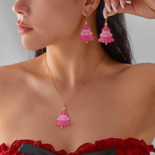 14K Gold-Plated Pink Christmas Tree Earrings And Necklace Set