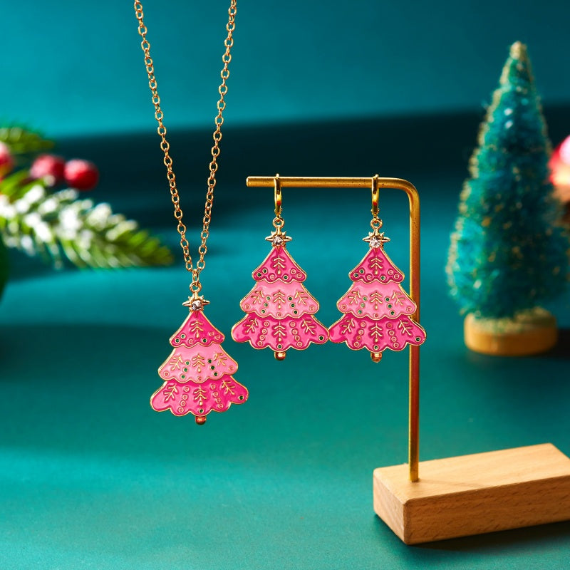 14K Gold-Plated Pink Christmas Tree Earrings And Necklace Set