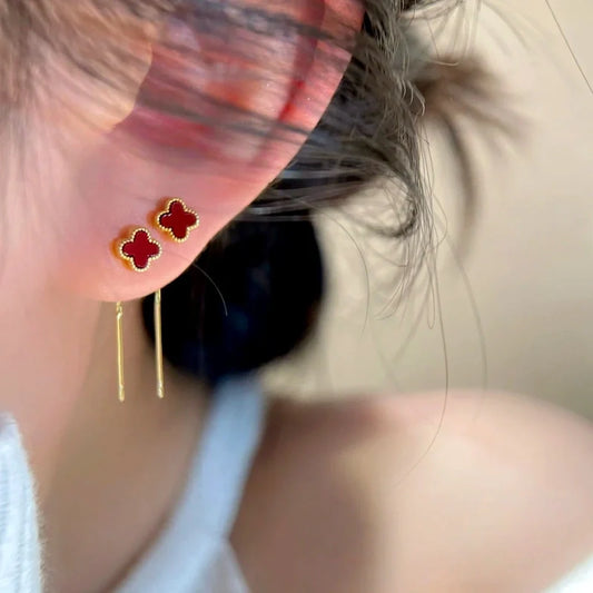 14K Gold-Plated Red Four-Leaf flower Threader Earrings
