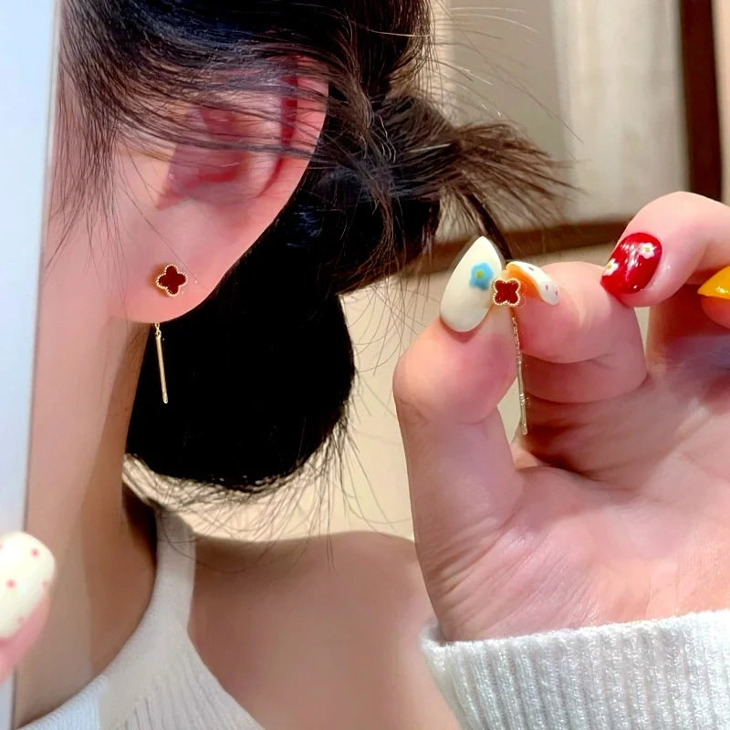 14K Gold-Plated Red Four-Leaf flower Threader Earrings