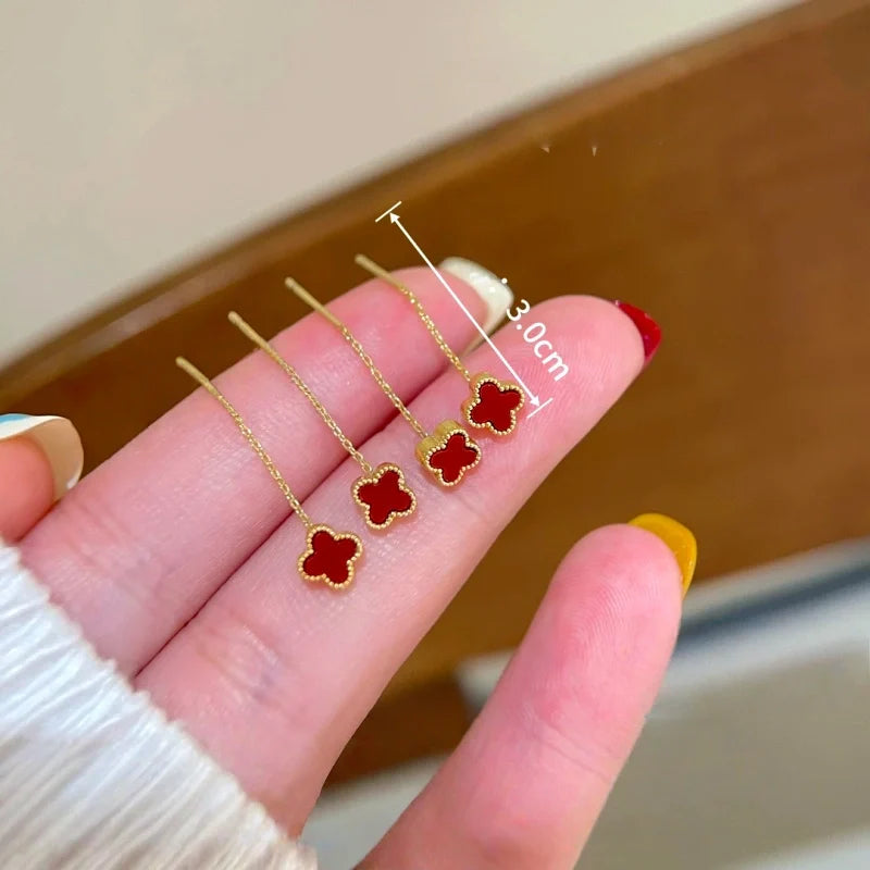 14K Gold-Plated Red Four-Leaf flower Threader Earrings