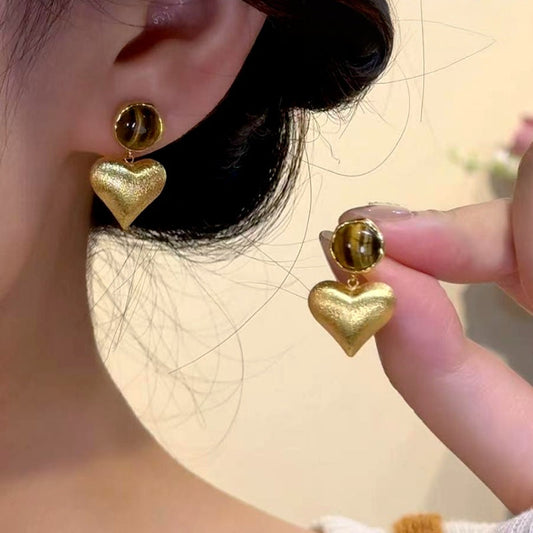 14K Gold-Plated Tiger Cat's Eye Stone Heart Earrings