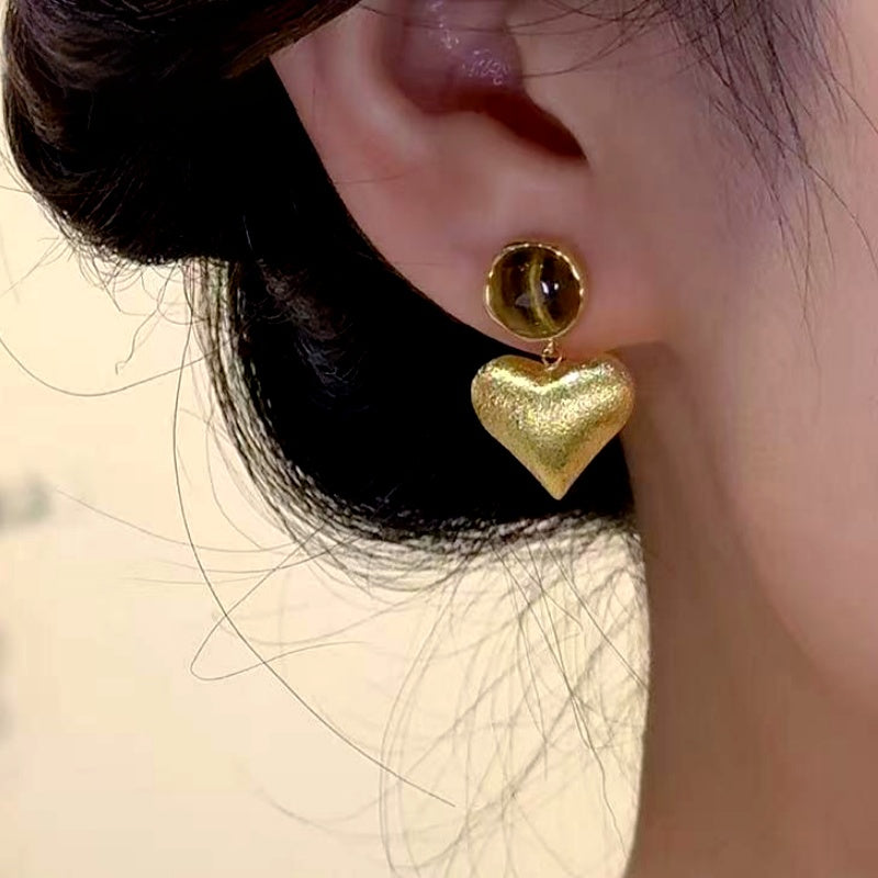 14K Gold-Plated Tiger Cat's Eye Stone Heart Earrings