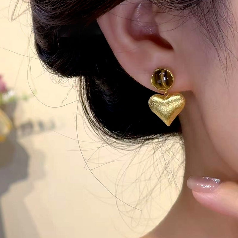 14K Gold-Plated Tiger Cat's Eye Stone Heart Earrings