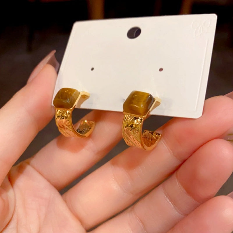 14K Gold-Plated Tiger Eye Stone C-Shaped Earrings