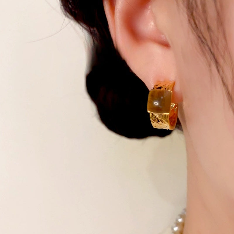 14K Gold-Plated Tiger Eye Stone C-Shaped Earrings