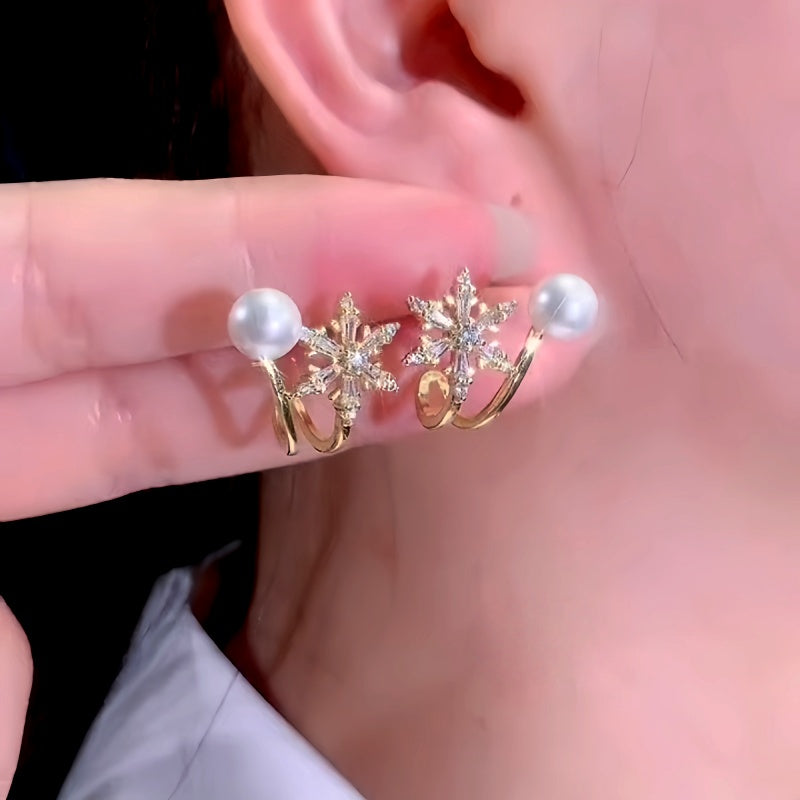 14K Gold-Plated Trendy Zircon Diamond Snowflake Pearl Stud Earrings
