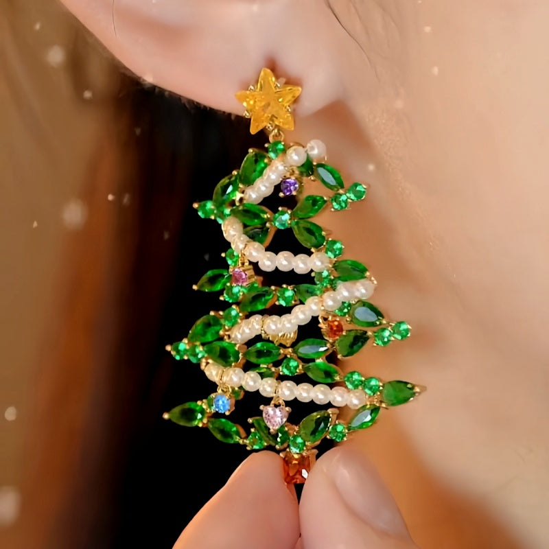 14K Gold-Plated Zircon Christmas Diamond Pearl Forest Tree Earrings