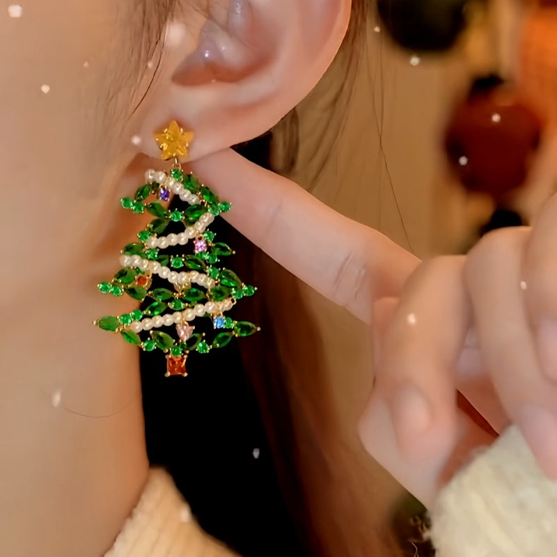 14K Gold-Plated Zircon Christmas Diamond Pearl Forest Tree Earrings