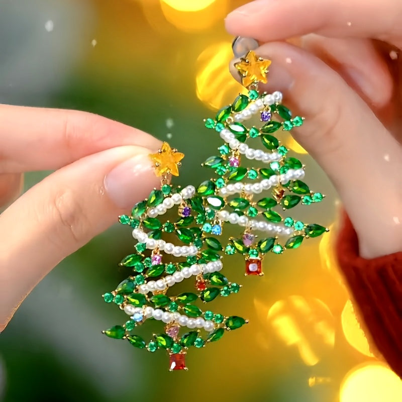 14K Gold-Plated Zircon Christmas Diamond Pearl Forest Tree Earrings