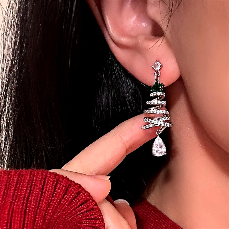 14K Gold-Plated Zircon Christmas Tree Earrings