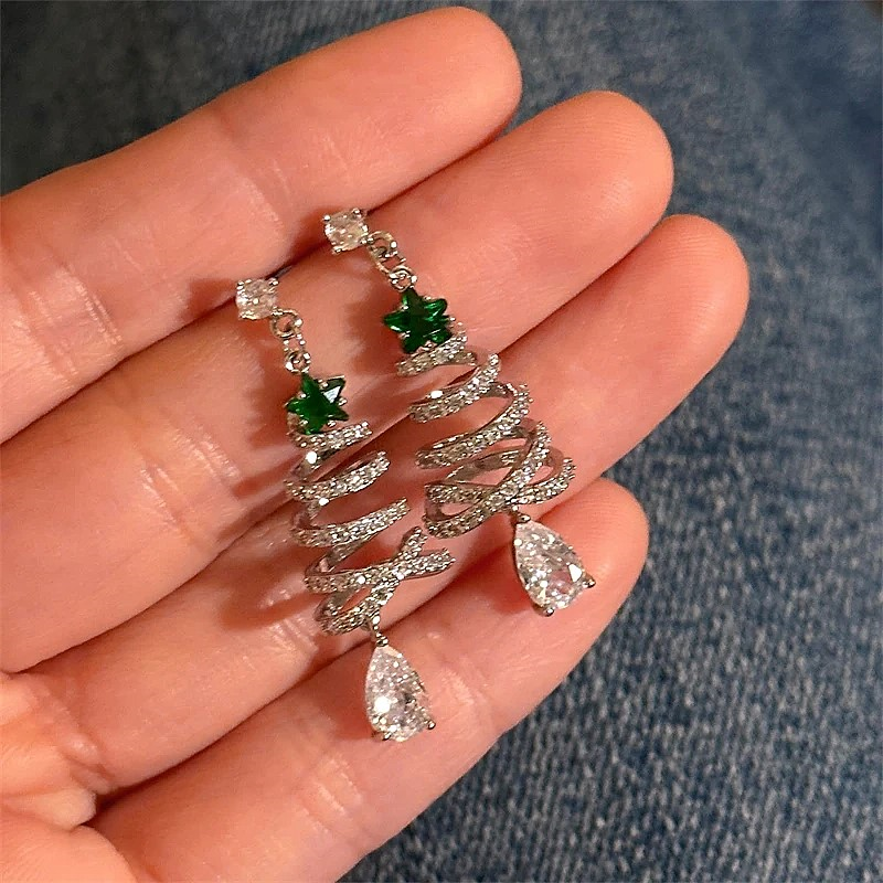 14K Gold-Plated Zircon Christmas Tree Earrings
