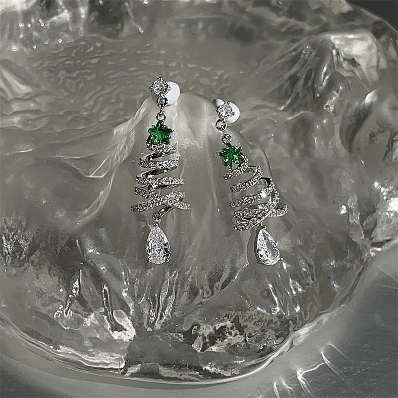 14K Gold-Plated Zircon Christmas Tree Earrings