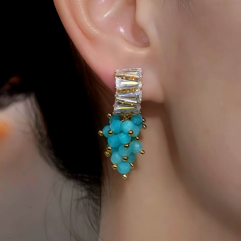 14K Gold-Plated Zircon Diamond Blue Beaded Tassel Earrings