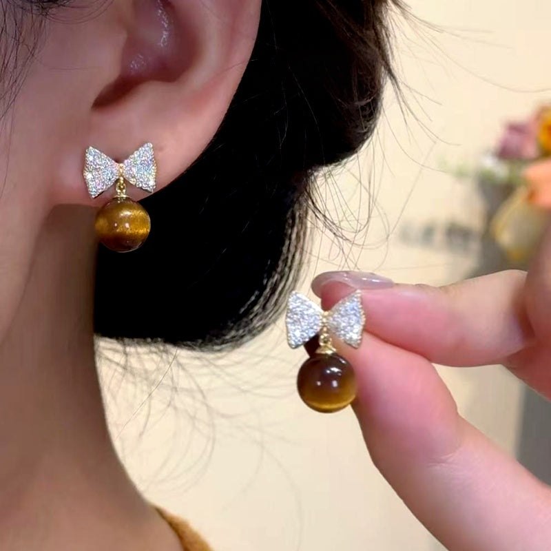 14K Gold-Plated Zircon Diamond Bow Cat's Eye Bead Earrings