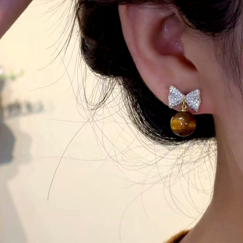 14K Gold-Plated Zircon Diamond Bow Cat's Eye Bead Earrings