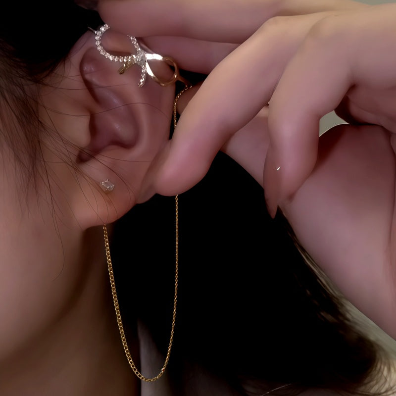 14K Gold-Plated Zircon Diamond Bow Ear Cuff Earrings