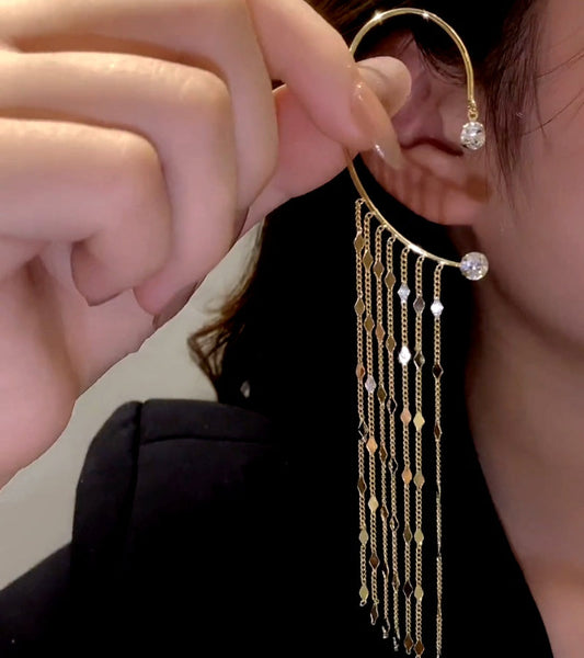 14K Gold-Plated Zircon Diamond Chain Tassel Ear Cuffs ( 1 Pair )