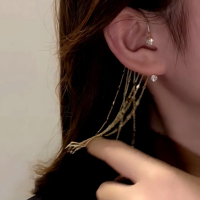 14K Gold-Plated Zircon Diamond Chain Tassel Ear Cuffs ( 1 Pair )