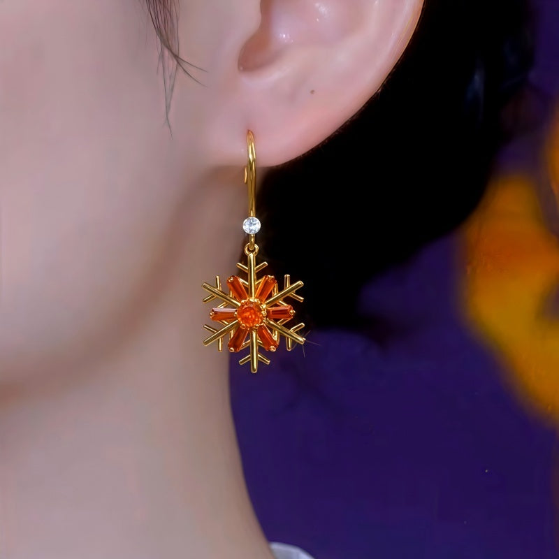14K Gold-Plated Zircon Diamond Christmas Snowflake Ear Hook Earrings