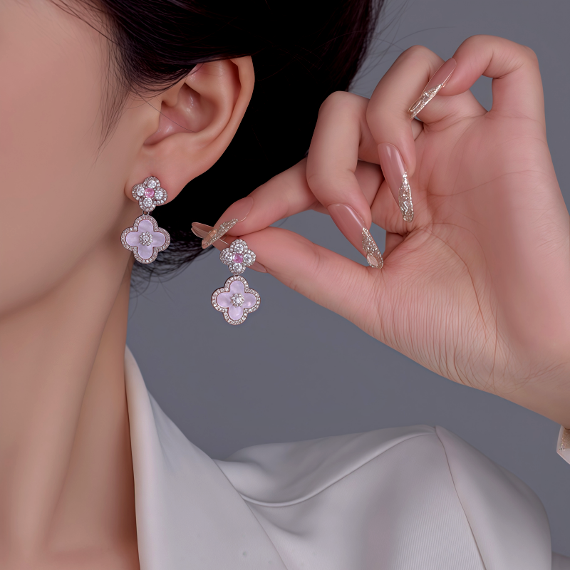 14K Gold-Plated Zircon Diamond Four-Leaf Flower Earrings