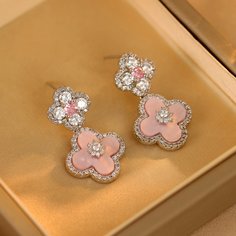 14K Gold-Plated Zircon Diamond Four-Leaf Flower Earrings