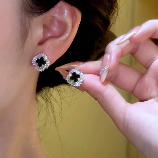 14K Gold-Plated Zircon Diamond Four Leaf Stud Earrings