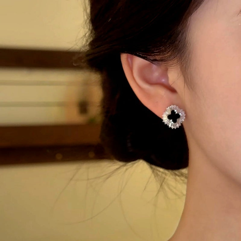 14K Gold-Plated Zircon Diamond Four Leaf Stud Earrings