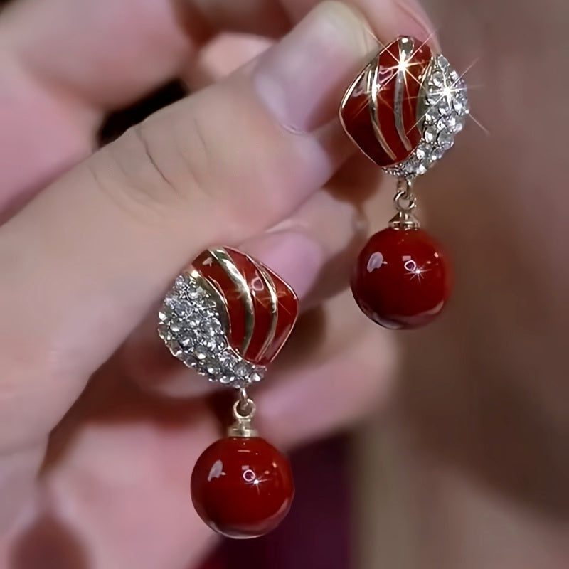 14K Gold-Plated Zircon Diamond Geometric Red Pearl Earrings