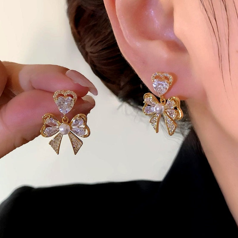 14K Gold-Plated Zircon Diamond Heart Bow Earrings