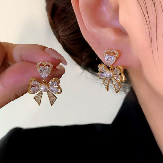 14K Gold-Plated Zircon Diamond Heart Bow Earrings