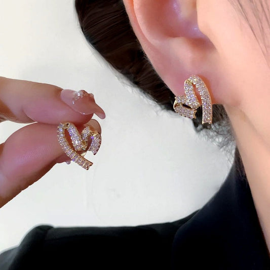 14K Gold-Plated Zircon Diamond Heart Stud Earrings