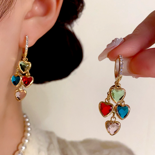 14K Gold-Plated Zircon Diamond Heart Tassel Earrings