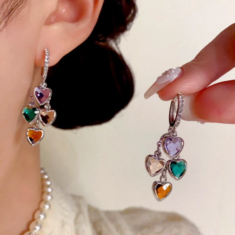 14K Gold-Plated Zircon Diamond Heart Tassel Earrings