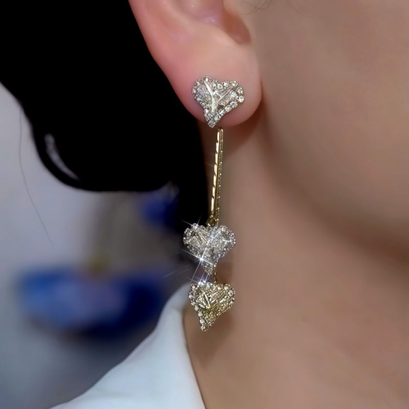 14K Gold-Plated Zircon Diamond Heart Tassel Earrings