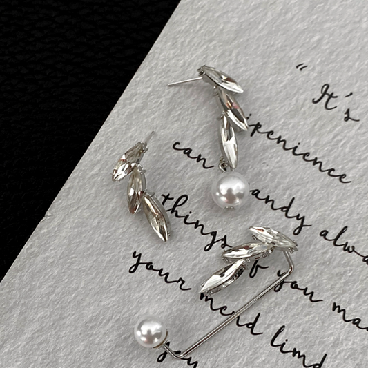 14K Gold-Plated Zircon Diamond Leaf Bead Ear Cuff Earrings
