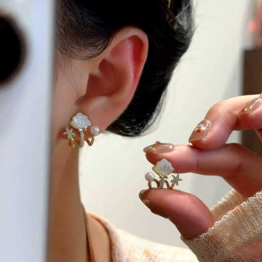 14K Gold-Plated Zircon Diamond Multi-Layer Claw Star Bead Stud Earrings