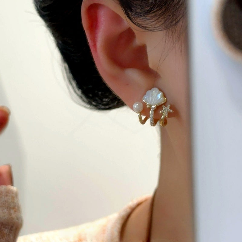 14K Gold-Plated Zircon Diamond Multi-Layer Claw Star Bead Stud Earrings