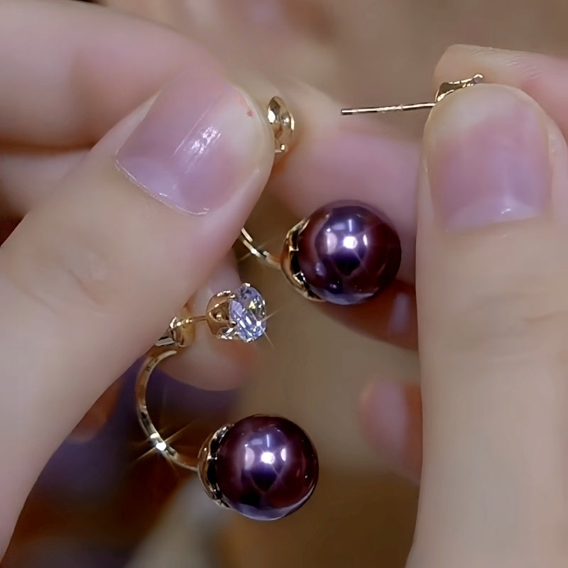 14K Gold-Plated Zircon Diamond Purple Pearl Earrings