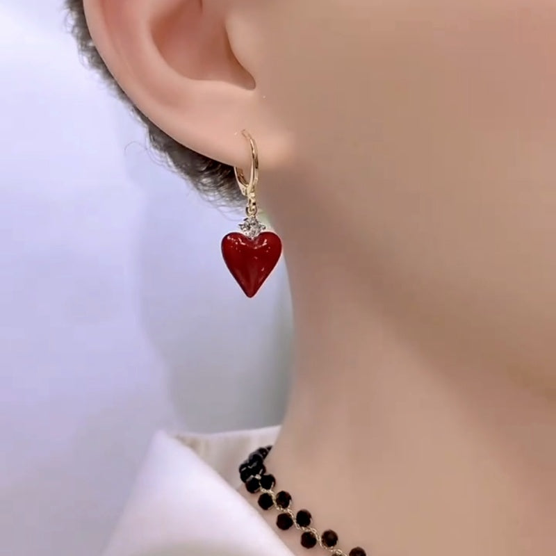 14K Gold-Plated Zircon Diamond Red Heart Earrings