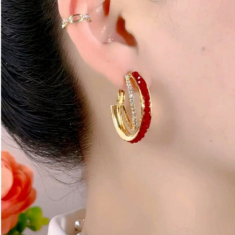 14K Gold-Plated Zircon Diamond Red crystal Hoop Earrings