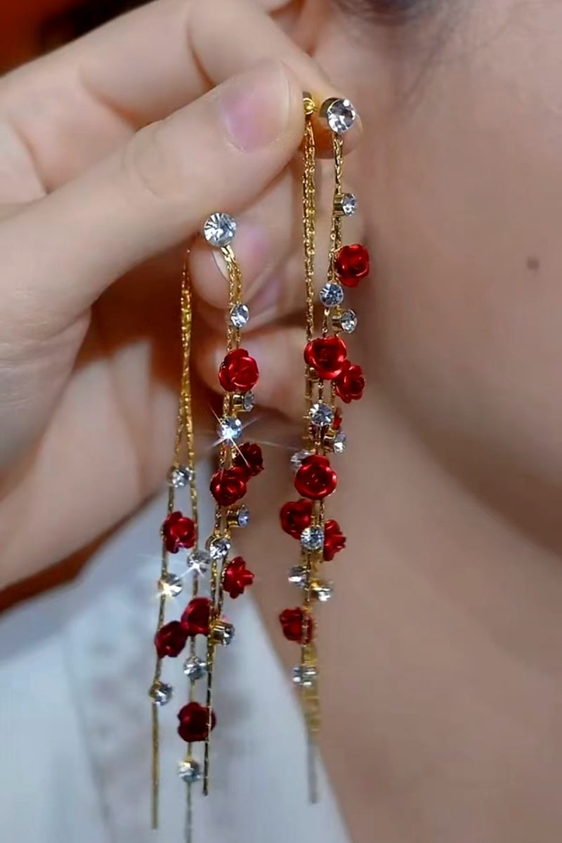 14K Gold-Plated Zircon Diamond Rose Tassel Earrings