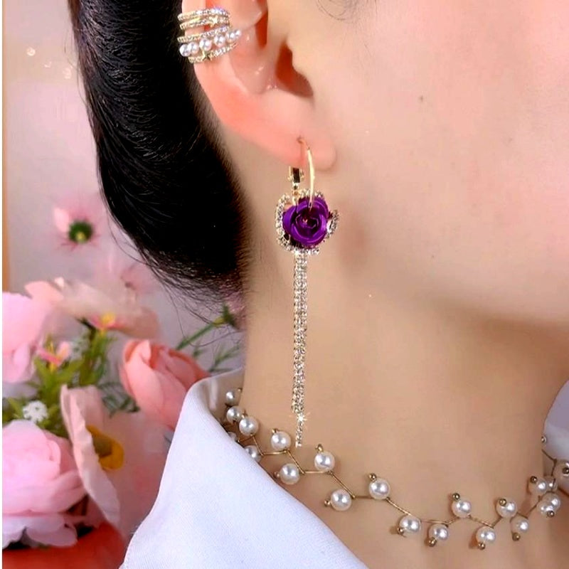 14K Gold-Plated Zircon Diamond Rose Tassel Earrings