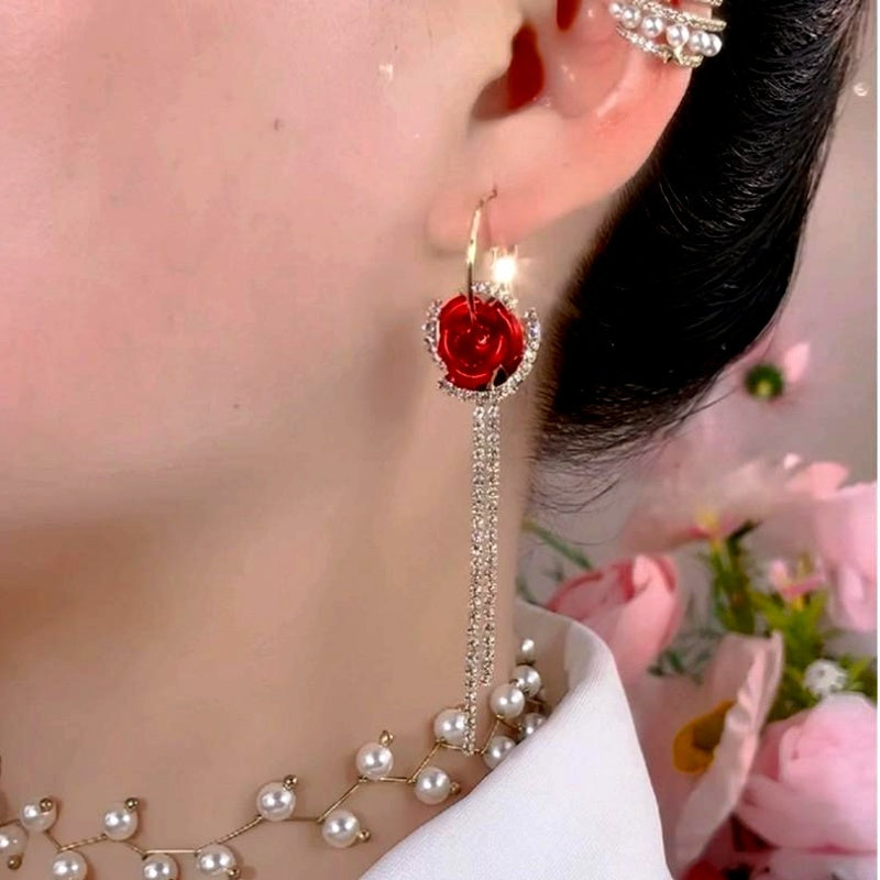 14K Gold-Plated Zircon Diamond Rose Tassel Earrings