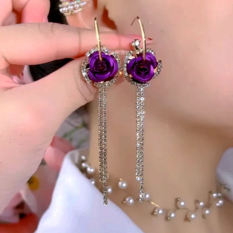 14K Gold-Plated Zircon Diamond Rose Tassel Earrings