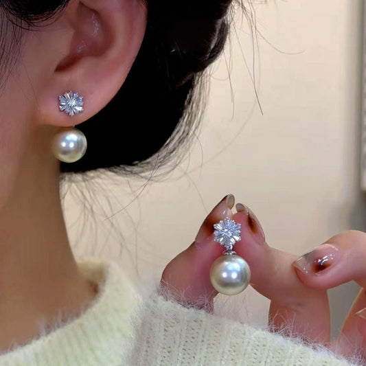 14K Gold-Plated Zircon Diamond Snowflake Pearl Earrings