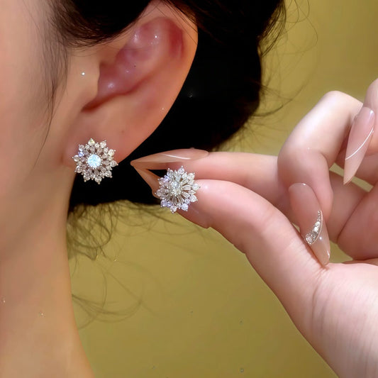14K Gold-Plated Zircon Diamond Snowflake Stud Earrings