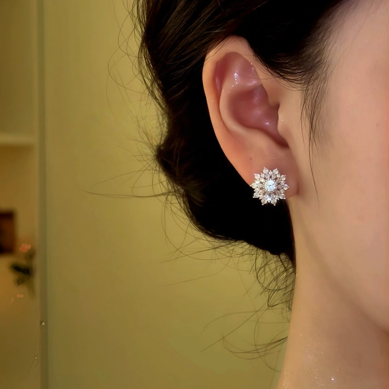 14K Gold-Plated Zircon Diamond Snowflake Stud Earrings