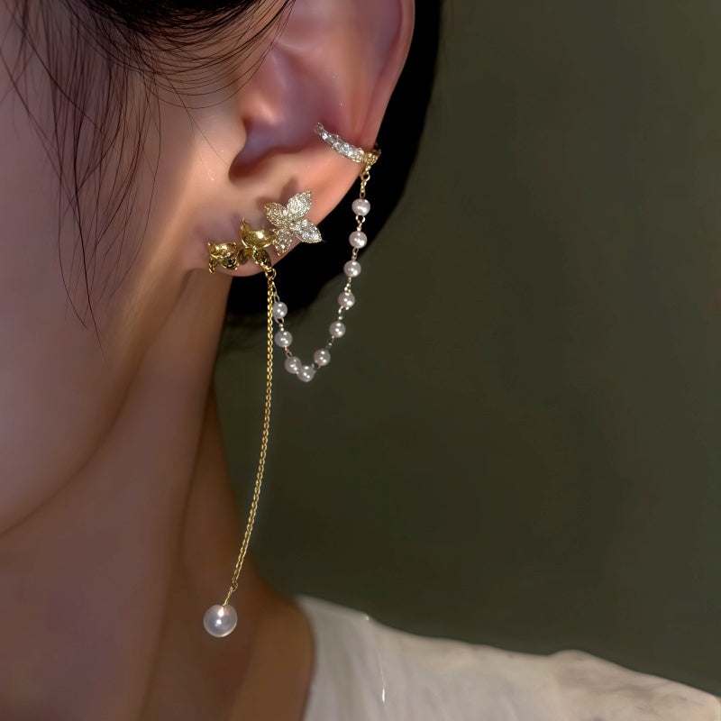 14K Gold-Plated Zircon Flower Pearl Ear Cuffs (1 Pair)