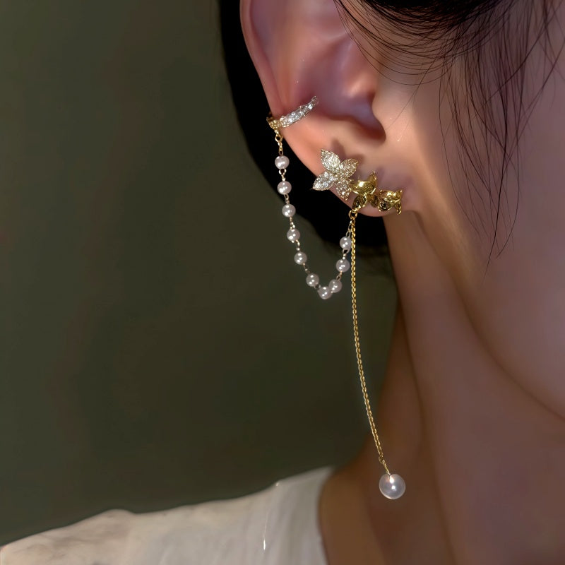 14K Gold-Plated Zircon Flower Pearl Ear Cuffs (1 Pair)